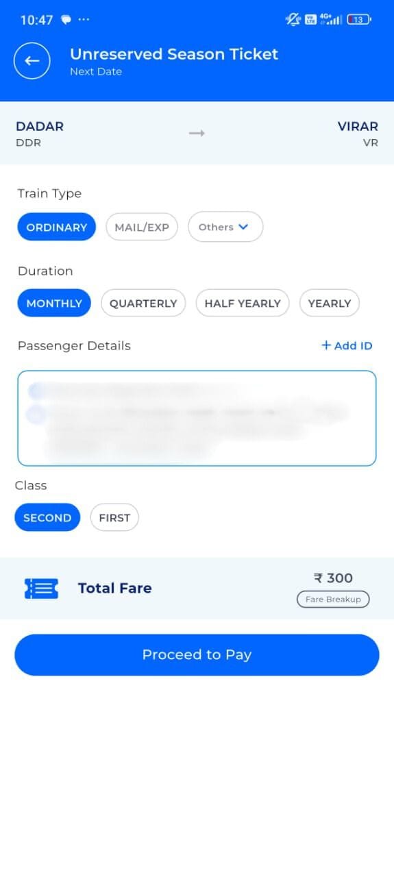 यानंतर तुमच्यासमोर ट्रेन टाईप म्हणजेच साधी लोकल, एसी लोकल, मेल/एक्सप्रेस असे पर्याय दिसतील. त्यातील योग्य पर्याय निवडा. तसेच तुमच्या पासचा कालावधी (Monthly/Quarterly) निवडा आणि त्यासोबतच फर्स्ट क्लास की सेकंड क्लास याची निवड करा.