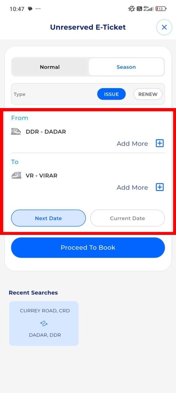यानंतर लगेचच तुम्हाला कुठून कुठे जाण्यासाठी पास काढायचा आहे, त्या स्टेशनचे नाव सिलेक्ट करावे लागेल. यानंतर तुम्ही Proceed to book हा ऑप्शन सिलेक्ट करा.