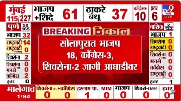 सोलापूरमध्ये भाजप 18, काँग्रेस 3, शिवसेना 2 जागी आघाडीवर सोलापूरमध्ये भाजप 18, काँग्रेस 3, शिवसेना 2 जागी आघाडीवर
