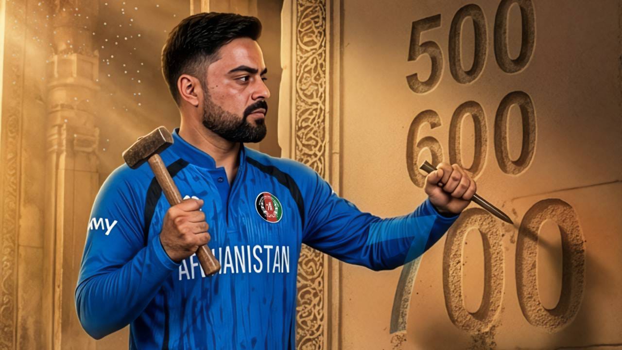 टी20 वर्ल्डकप 2026 स्पर्धेच्या 28व्या सामन्यात युएई आणि अफगाणिस्तान संघ आमनेसामने आले होते. या सामन्यात राशीद खानने 4 षटकं टाकली. यात त्याने 24 धावा दिल्या आणि 1 विकेट काढली. या एका विकेटसह राशीदने टी20 क्रिकेटमध्ये 700 विकेटचा पल्ला गाठला आहे. (Photo: Afghanistan Cricket)