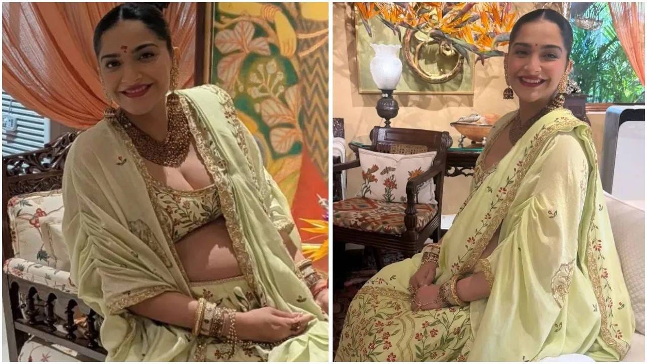 या प्रसंगी सोनमने लाइट ग्रीन कलरचा लेहंगा परिधान केला होता. त्यावर एंब्रॉयडरी वर्क होतं. हेवी नेकलेस, झुमके स्टाइल ईयररिंग्स, बन हेअर स्टाइल आणि मेकअप सह आपल्या या लुकला क्लासी बनवलं होतं. हातात मॅचिंग बांगड्या भरल्या होत्या. तिच्या चेहऱ्यावरील आनंद पाहून मॉम टू बी चा ग्लो स्पष्ट दिसतोय. 