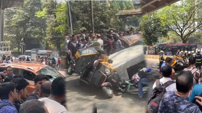 मेट्रोचा सिमेंटचा मोठा पिलर धडाम कोसळला, रिक्षा आणि कारचा चक्काचूर