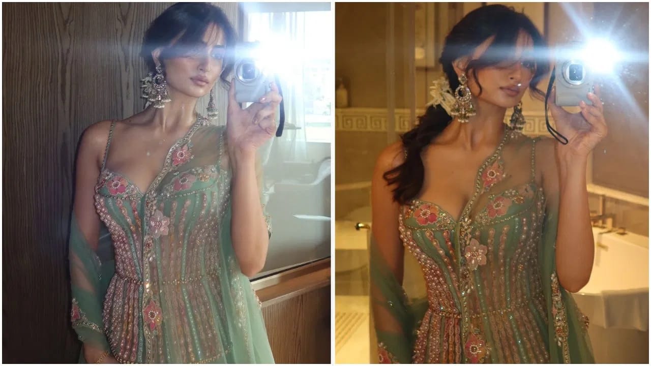 पलकने भरतकाम केलेला  हिरवा लेहेंगा घातला आहे आणि ओढणीची रचनाही अनोखी आहे. अभिनेत्रीने वेणीने बांधलेली हेअरस्टाईल आणि गजरा देखील घातला आहे. कानातील लांब झुमक्यांमुळे पलक हिचा लूक आणखी सुंदर दिसत आहे. 