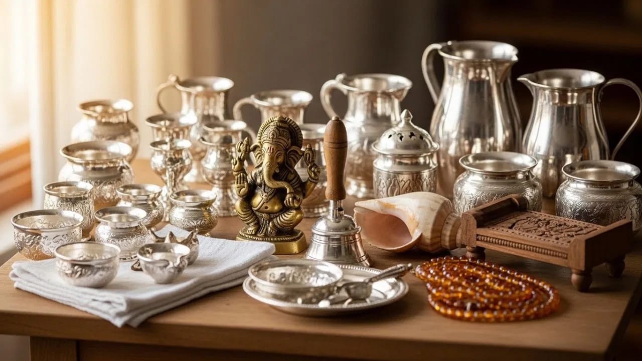 चांदी, पितळ किंवा तांब्याची भांडी पूजा करताना स्वच्छ करून पुन्हा वापरू शकता. तसेच, मूर्ती, घंटा, शंख, मणी आणि आसन यासारख्या टिकाऊ वस्तू देखील पुनर्वापरासाठी योग्य मानल्या जातात.