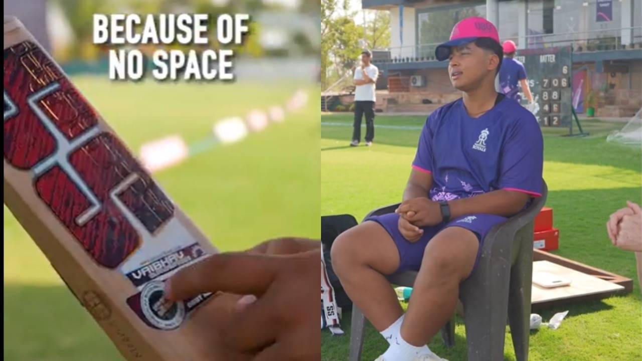 वैभव सूर्यवंशीचे नाव प्रत्येक बॅटवर चुकीचे का लिहिले जाते हे खेळाडूने स्वतःच स्पष्ट केले. कारण त्याचं नाव मोठं आहे. त्यामुळे Vaibhav Sooryavanshi ऐवजी Vaibhav Suryavanshi असं लिहिलं जातं. बॅटच्या स्टिकरवर मर्यादित जागेमुळे असं लिहिलं जातं. (Photo- Rajasthan Royals Twitter )