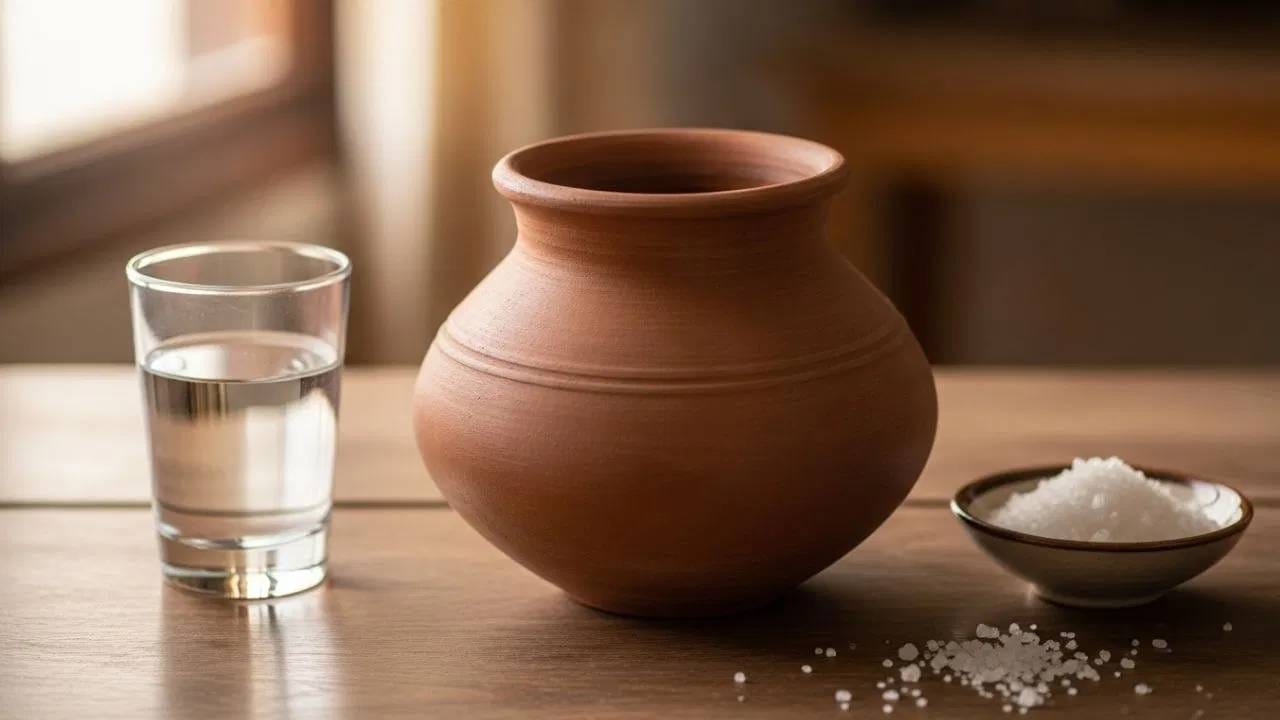 यानंतर, भांड्यात अर्धा ग्लास पाणी घालून त्यात थोडे सैंधव मीठ टाका आणि ते मीठ भांड्याला सर्व बाजूंना लागेपर्यंत हाताने चोळा. यानंतर, ते दोन ते तीन तास तसेच राहू द्या आणि मग माठं किंवा मातीचं भांड पुन्हा स्वच्छ पाण्याने धुवा. (Photo Credit - Whisk AI)