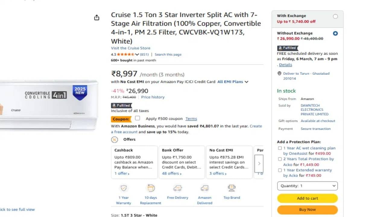 Cruise 1.5 Ton 3 Star AC : या मॉडलवर 41 टक्के सवलत मिळतेय. डिस्काऊंट नंतर हे मॉडल 26990 रुपयात विकलं जातय. हा एसी 1 वर्षाचा पीसीबी, 1 वर्षाचं प्रोडक्ट आणि 10 वर्षाच्या कंप्रेसर वॉरंटीसह Amazon वर उपलब्ध आहे.  (Photo :Amazon)