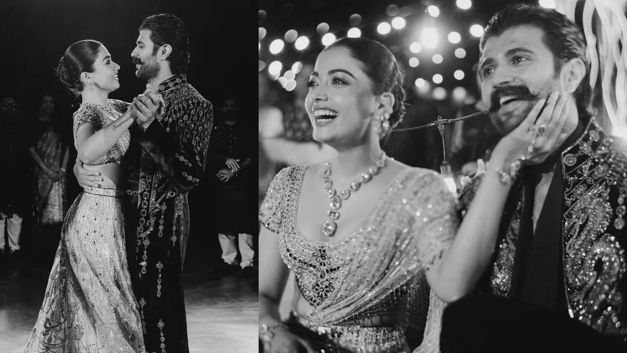 रश्मिका मंदानाने तिच्या संगीतसाठी सिल्व्हर-व्हाइट शरारा आणि ब्लाउज पेहराव केला होता. त्यात वेगवेगळ्या आकारांचे मिरर वर्क होते. तिने डायमंड नेकलेस आणि ट्रिपल-लेयर इयररिंग्ज घातले होते. अभिनेत्रीने साध्या बन हेअरस्टाईलने तिचा लूक पूर्ण केला. तसेच छोटे मिरर वर्क असलेली ओढणीही घेतली. ती खूप सुंदर दिसत होती.