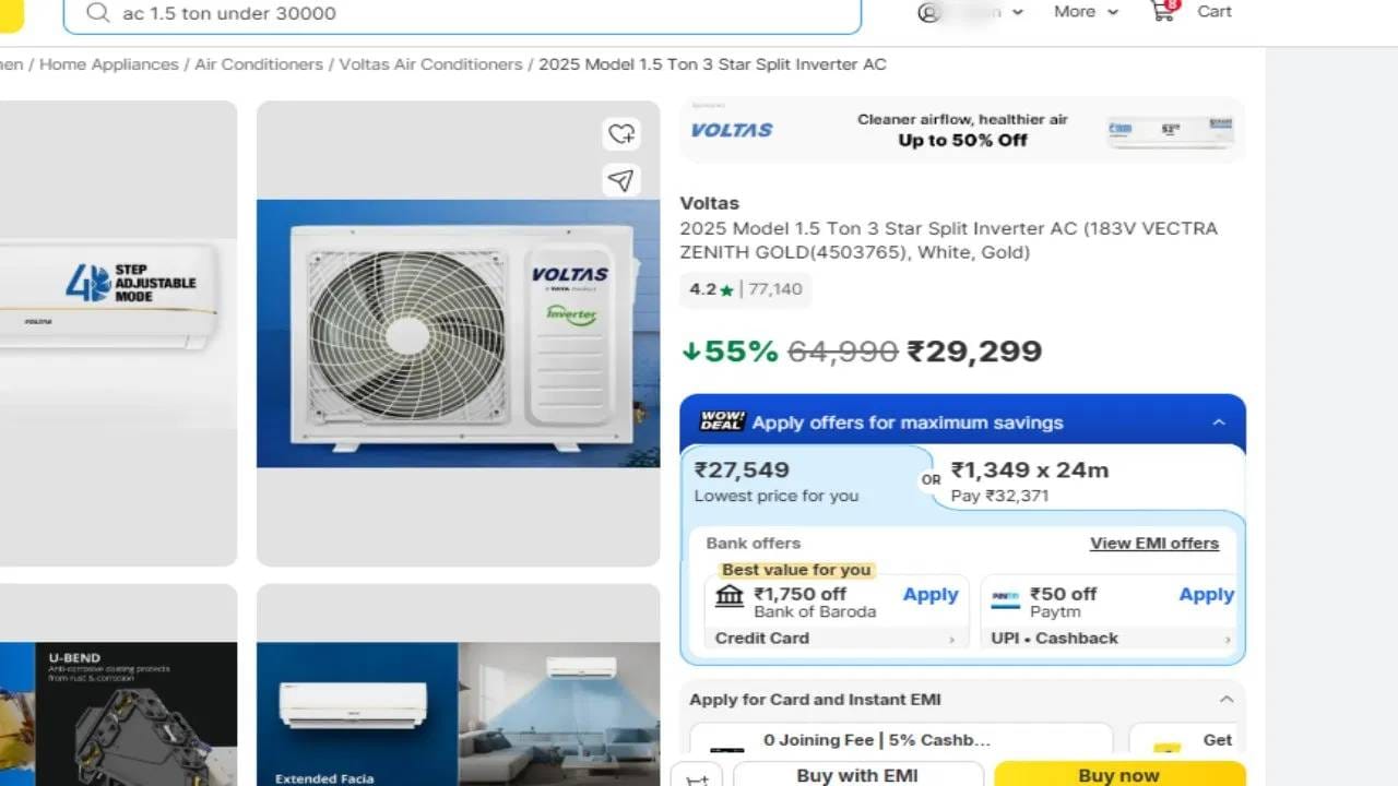 Voltas 1.5 Ton 3 Star AC : 55 टक्के डिस्काऊंटनंतर वोल्टास कंपनीचा हा एसी  9299 रुपयात विकला जातोय. एसी सोबत 1 वर्षांची प्रोडक्ट आणि 10 वर्षाची कॉम्प्रेसर वॉरंटी मिळेल. हे मॉडेल तुम्ही फ्लिपकार्टवरुन विकत घेऊ शकता.  (फोटो- फ्लिपकार्ट)
