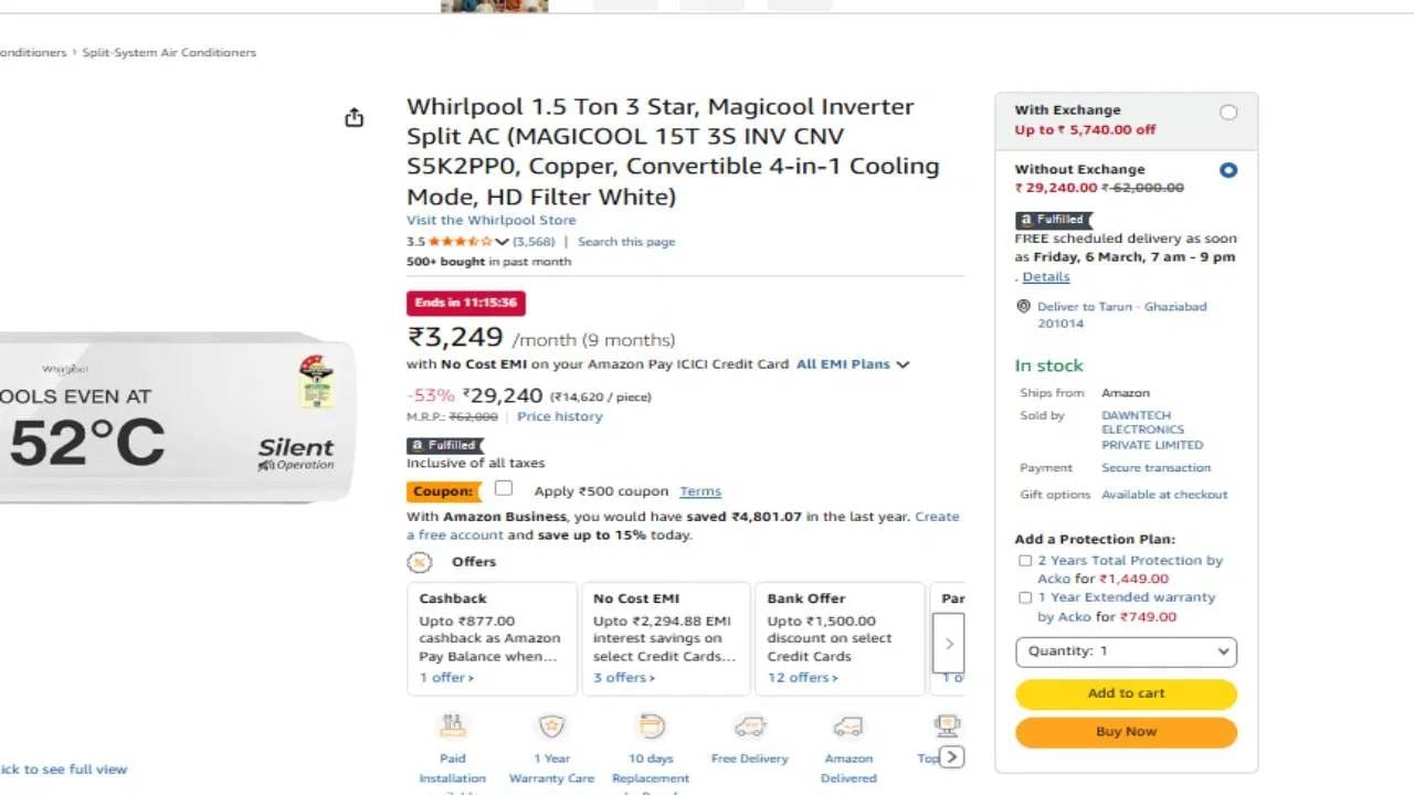 Whirlpool 1.5 Ton 3 Star AC : 53 टक्के डिस्काऊंटसह 1.5 टनाचं हे एसी मॉडल 29240 रुपयात विकलं जातय. हे प्रोडक्ट एक वर्षाच्या वॉरंटीसह येतं. विशेष बाब म्हणजे या मॉडलसह 5 वर्षाच्या वॉरंटीचा बेनिफिट मिळतो. (Photo :Amazon)