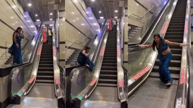 साडी नेसून महिलेचं एस्केलेटरवर अजब कृत्य, नेटकरी प्रचंड भडकले; Video पाहून तुम्हालाही येईल राग!