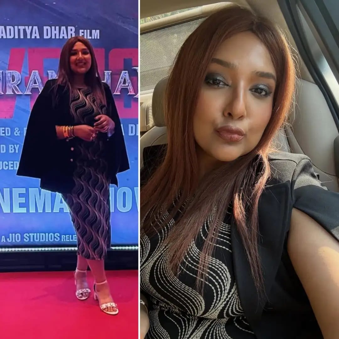 रिद्धिमा तिच्या वडील राकेश यांच्या 'धुरंधर' या सिनेमाच्या पार्टीलाही उपस्थित होती. तिने स्टायलिश काळ्या आणि चंदेरी रंगाचा प्रिंटेड बॉडीकॉन ड्रेस घातला केला होता, ज्यासोबत तिने स्लिट असलेला काळा ब्लेझर घातला होता.