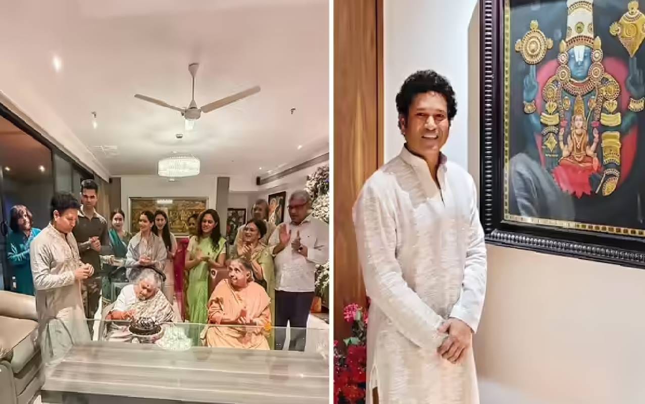  बैठकीच्या खोलीच्या दुसऱ्या भागात पांढऱ्या भिंती आणि चमकदार फरशी आहेत. आधुनिक झुंबर आणि लाकडी छताचे पॅनेल खोलीची शोभा वाढवतात . एका  भिंतीवर भगवान तिरुपती बालाजीचे एक भव्य चित्र आहे, जे सचिनच्या कला संग्रहाचे आणि त्याच्या श्रद्धेचे प्रतिबिंब आहे. 