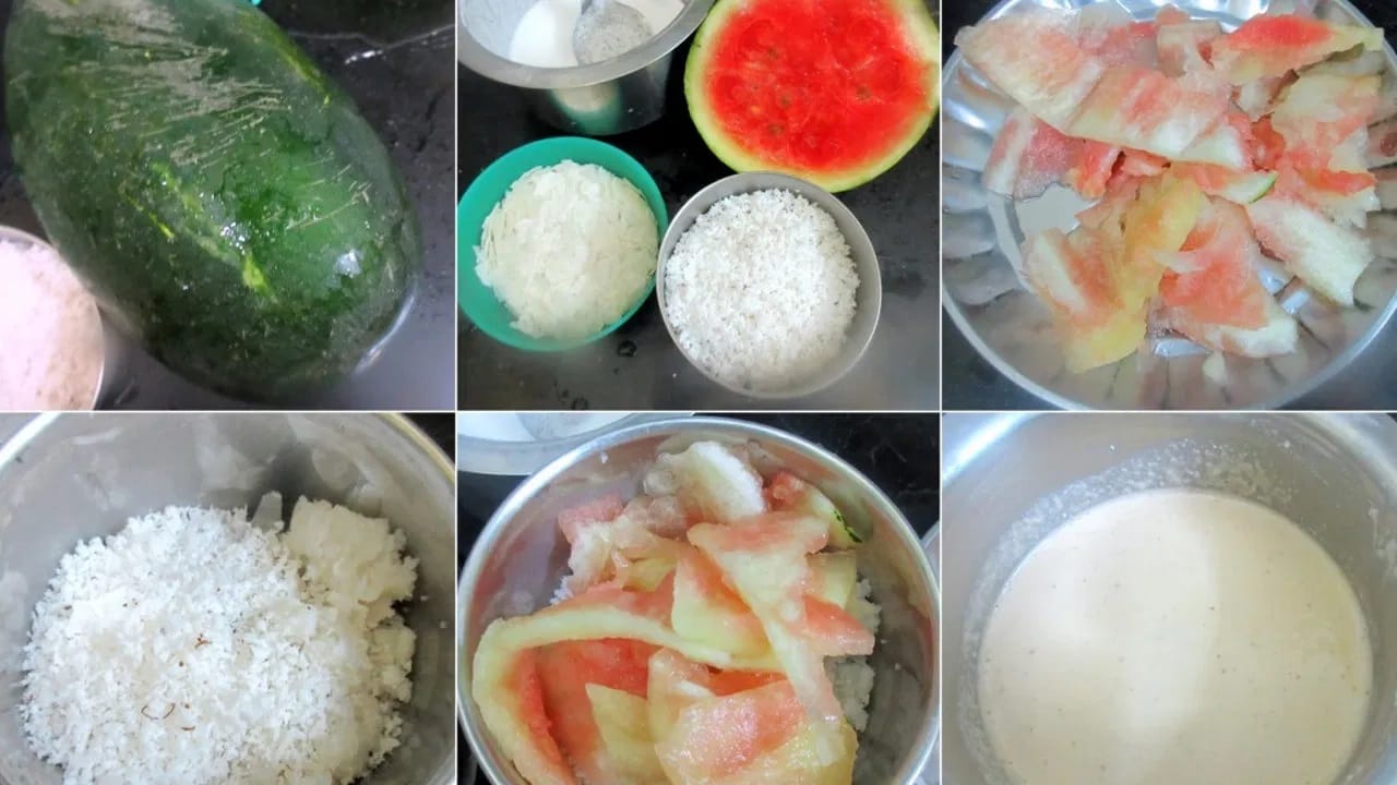 कलिंगडाच्या सालींपासून डोसा बनवण्यासाठी साहित्य: कलिंगडाच्या सालींपासून, कलिंगड, शेवटचा हिरवा रंगाचा थर काढा आणि मध्यभागी पांढरा रंगाचा थर घ्या. भिजवलेले तांदूळ. सुमारे दोन तास तांदूळ भिजत ठेवा. हिरवी मिरची, आले, नारळ पावडर, एक कप काळे उडीद.