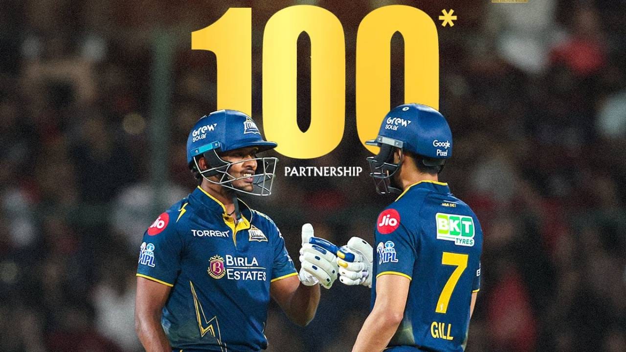 साई सुदर्शन आणि शुबमन गिल यांनी आरसीबीविरुद्ध पहिल्या विकेटसाठी 100पेक्षा जास्त धावांची सलामीची भागीदारी केली. या दोघांनी आठव्यांदा अशी कामगिरी केली.  या यादीत विराट कोहली आणि एबी डिव्हिलियर्स अव्वल स्थानावर असून त्यांनी 10 वेळा अशी कामगिरी केली आहे. तर विराट कोहली आणि ख्रिस गेलने 9 वेळा अशी कामगिरी केली आहे. (Photo: Gujarat Titans Twitter)