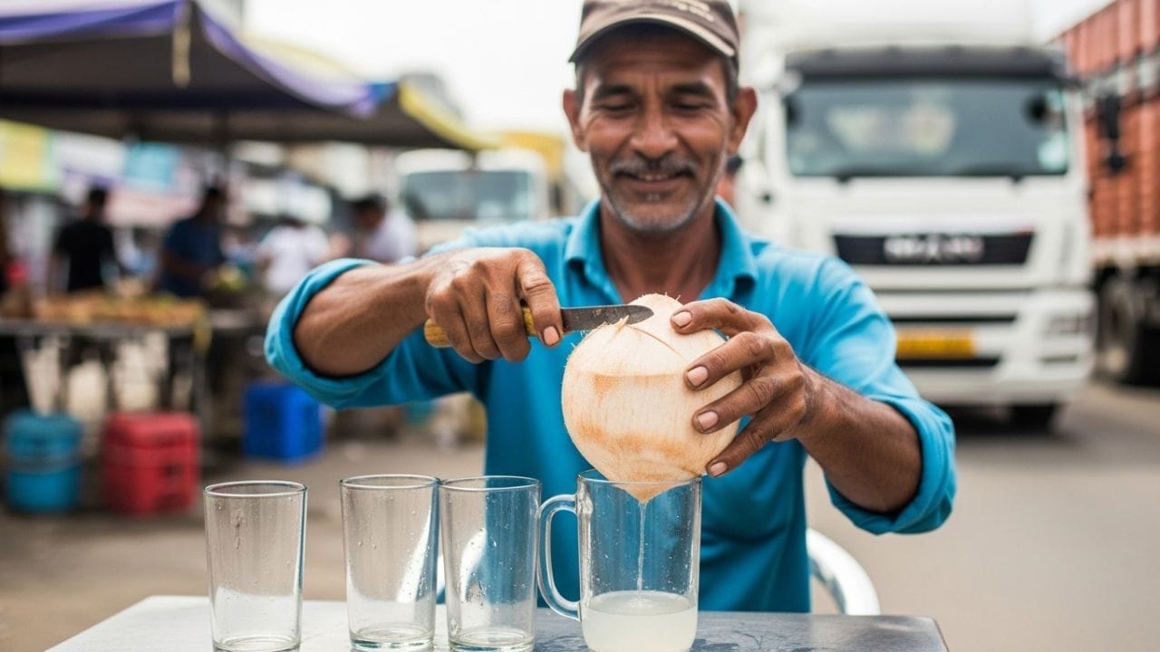 नारळ कानाजवळ धरून हलवून पहा. जर त्यातून पाण्याचा खूप मोठा आवाज येत असेल, तर तो नारळ घेऊ नका. त्या नारळात पाणी कमी आणि हवा जास्त आहे. जर नारळ हलवताना आवाज येत नसेल किंवा खूप कमी आवाज येत असेल, तर तो नारळ पाण्याने पूर्ण भरलेला आहे असे समजावे.