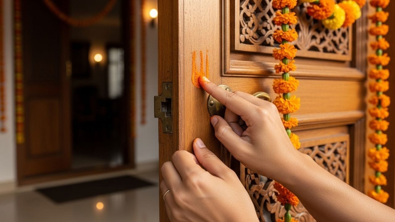 अनेकजण दरवाजावर कुंकवाने स्वस्तिक किंवा ओम ही चिन्हे काढतात. ही चिन्हे श्री गणेशाचे प्रतीक मानली जातात. यामुळे घरातील अडथळे दूर होतात आणि शुभ कार्यांत यश मिळते.