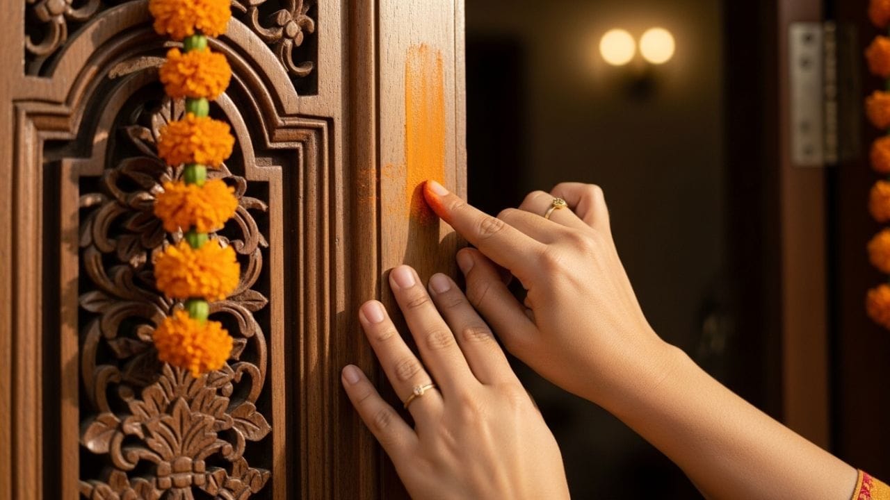 हिंदू धर्मात मुख्य दरवाजाला कुंकू लावणे अत्यंत पवित्र मानले जाते. यामुळे घराचे प्रवेशद्वार शुद्ध होते. तसेच बाहेरील नकारात्मक ऊर्जा, दृष्ट किंवा अशुभ शक्ती घरात प्रवेश करू शकत नाहीत. कुंकू हे शक्तीचे प्रतीक आहे, जे घरासाठी एक संरक्षक कवच म्हणून काम करते.