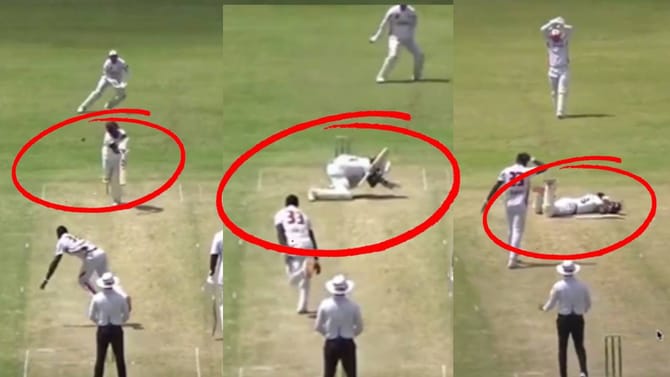 अरे..अरे..चेंडू धाडकन लागला, फलंदाज क्षणात जमिनीवर कोसळला; काय घडलं?