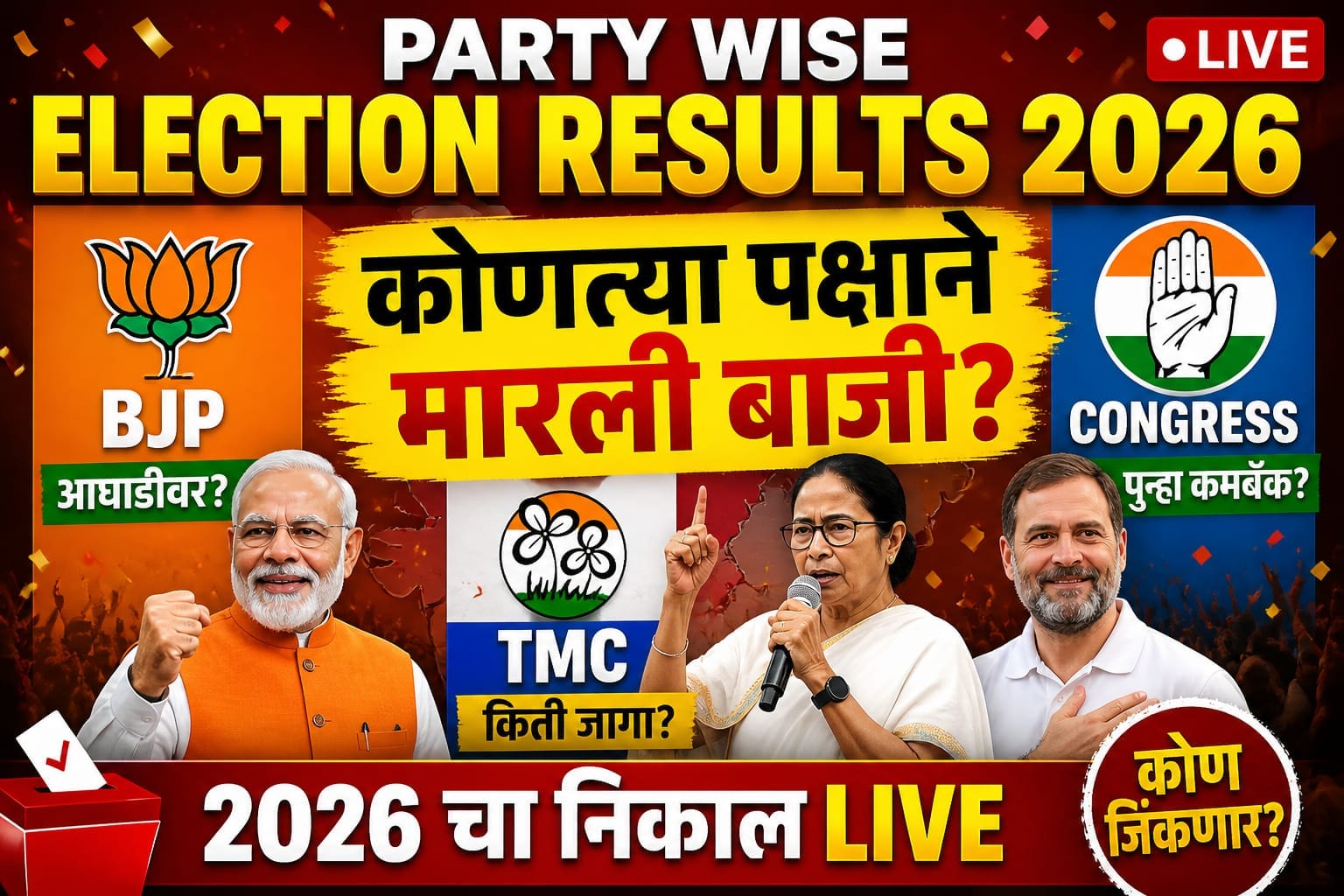 Party Wise Election Results 2026 Winners LIVE: कोणत्या पक्षाला, आघाडीला किती जागा मिळाल्या? एका क्षणात जाणून घ्या पाच राज्यांचा निकालाची आकडेवारी