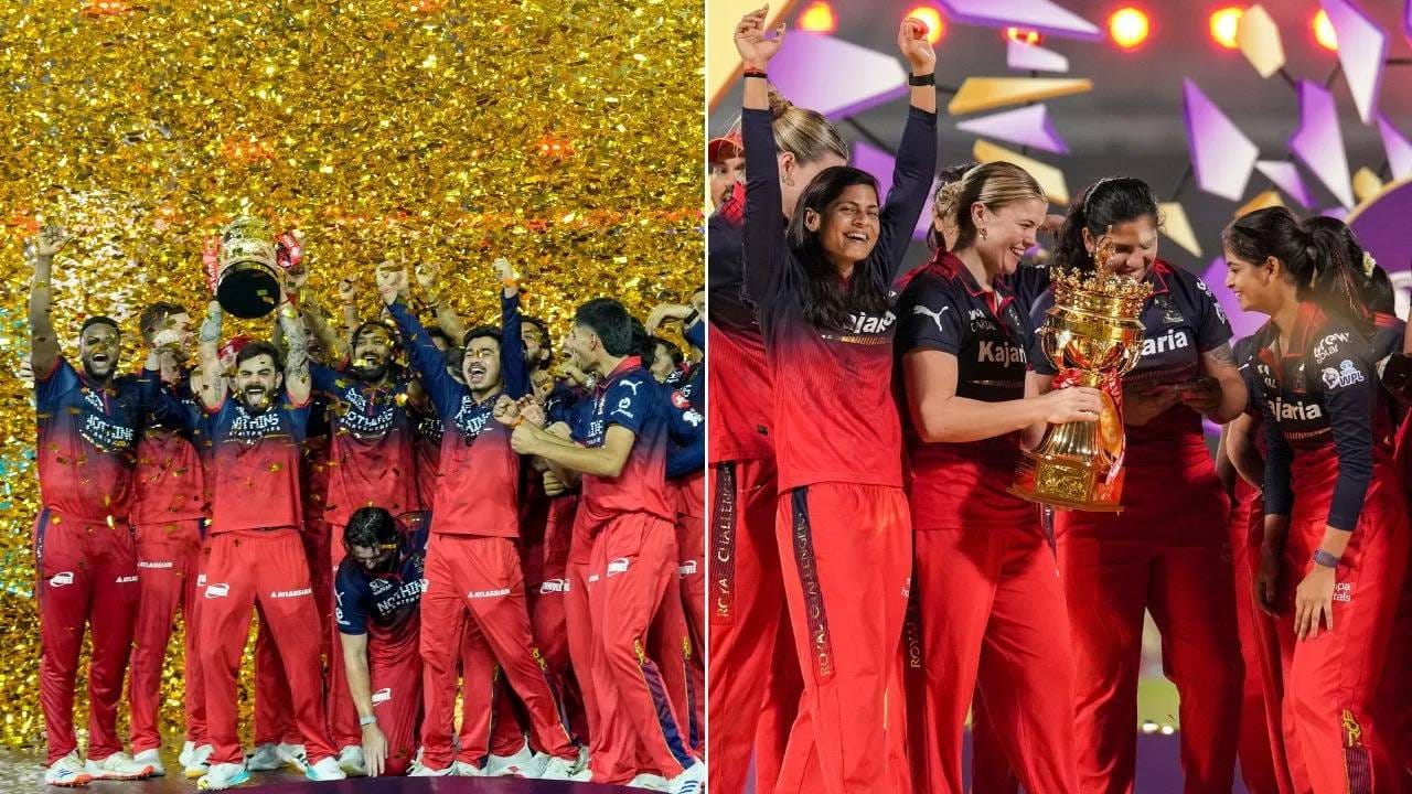 वर्ष 2026 च्या सुरूवातीला वुमन्स प्रीमियर लीग स्पर्धेत रॉयल चॅलेंजर्स बंगळुरू संघाने जेतेपद मिळवलं होतं. त्यानंतर आता पुरूषांच्या संघाने अंतिम फेरीत गुजरात टायटन्सला मात दिली आणि आयपीएल 2026 जेतेपदावर नाव कोरलं. (PHOTO CREDIT- PTI)