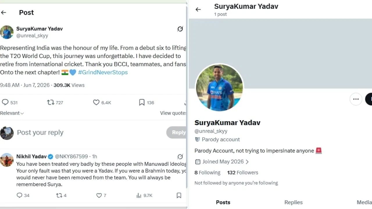 या पोस्टला अनेक नेटकऱ्यांनी लाईक केलं आहे. तसेच अनेक क्रिकेट चाहत्यांनी निवृत्तीच्या निर्णयामुळे आश्चर्य व्यक्त केलं. मात्र काही मिनिटांतच सत्य समोर आलं. सूर्यकुमार यादव या नावाच्या फेक अकाउंटवरुन ही पोस्ट करण्यात आली आहे. (Photo: X Screenshot)