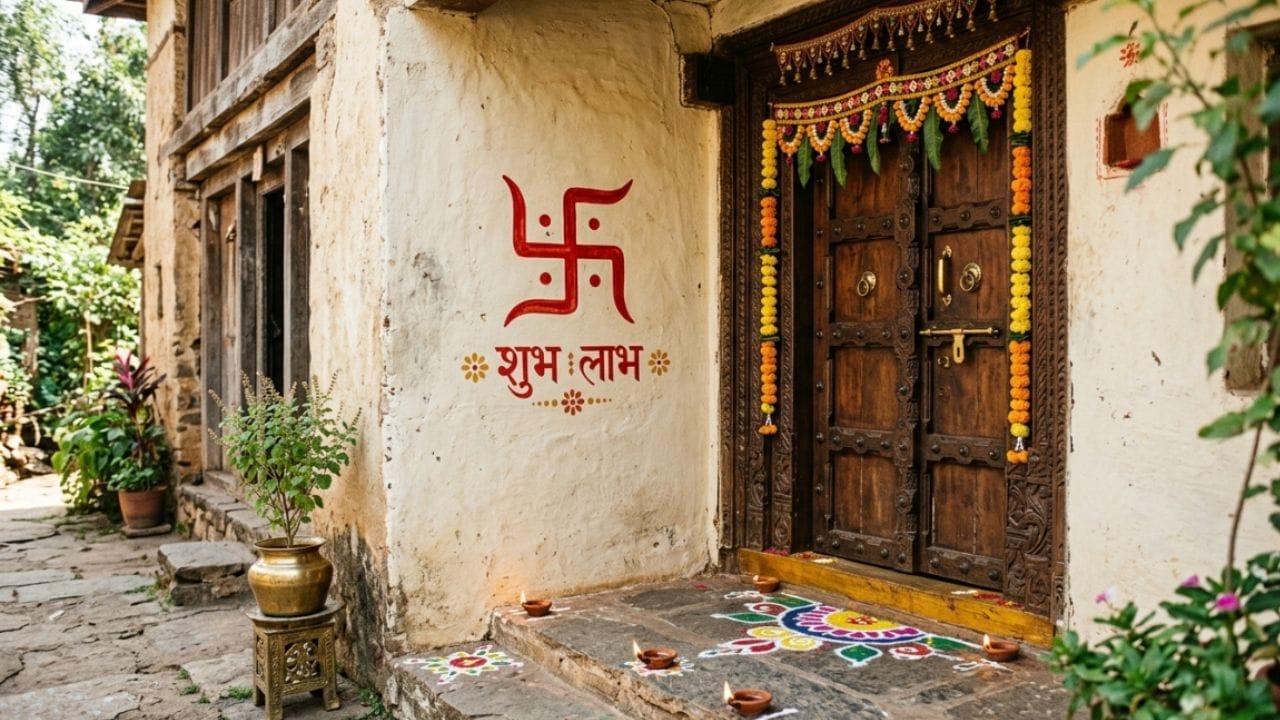 स्वस्तिक चिन्ह - वास्तुशास्त्रानुसार, मुख्य प्रवेशद्वारावर स्वस्तिक चिन्ह काढणे अत्यंत शुभ मानले जाते. धार्मिक श्रद्धेनुसार, हे सुख, समृद्धी आणि सकारात्मक ऊर्जेचे प्रतीक आहे. मुख्य प्रवेशद्वारावर स्वस्तिक काढल्याने घराची पवित्रता आणि शुद्धता टिकून राहते. याच कारणामुळे अनेक लोक विशेष प्रसंगी आणि सणांच्या वेळी मुख्य दारावर स्वस्तिक आवर्जून काढतात.