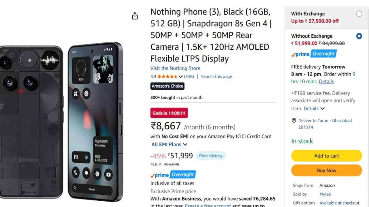 Nothing Phone (3) प्राइस : या फोनच्या 16 जीबी रॅम आणि 512 जीबी स्टोरेज वेरिएंटला प्राइम डे सेलमध्ये 45 टक्के डिस्काऊंटसह 51999 रुपयात विकला जात आहे. (फोटो- ॲमेझॉन)