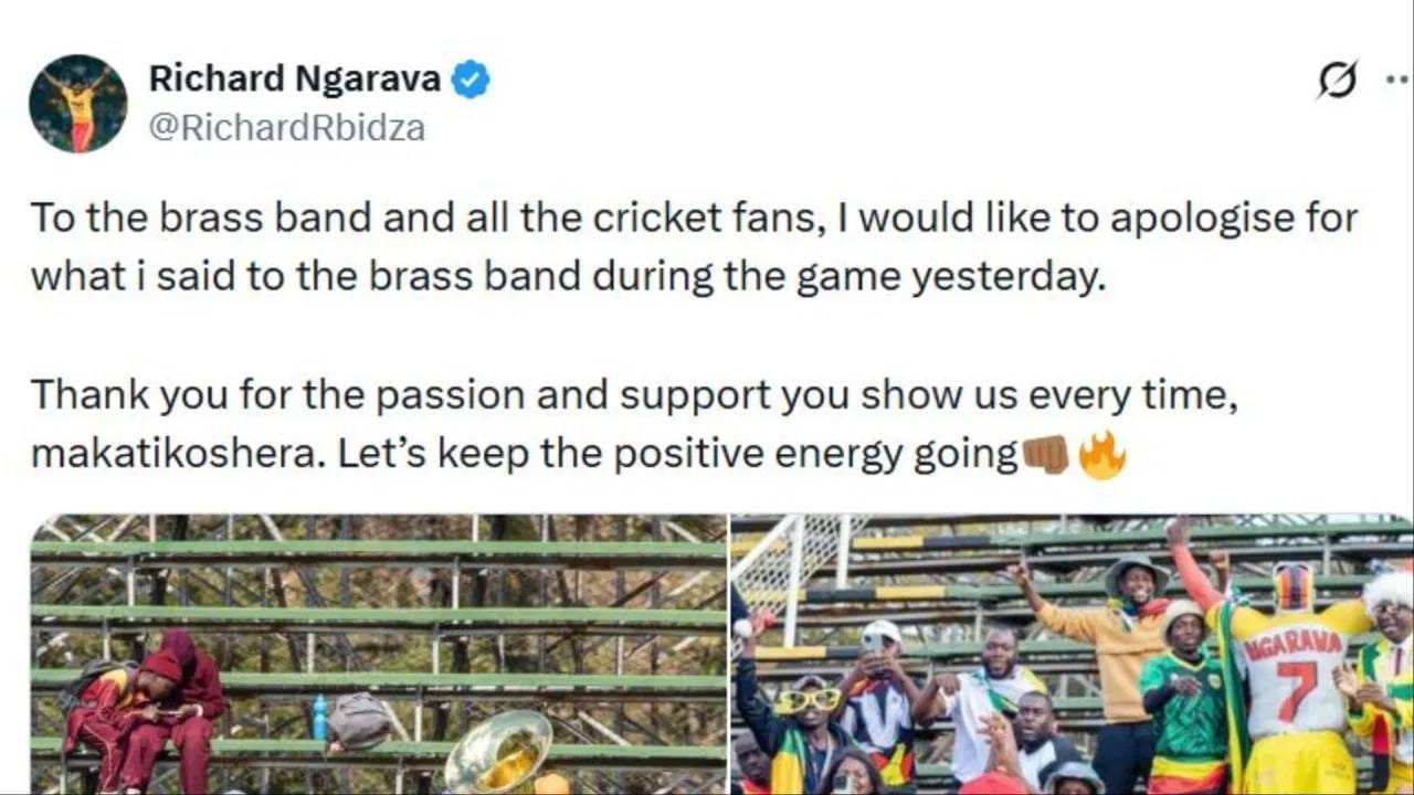 रिचर्ड नगारवाने दुसऱ्या वनडे सामन्यात केलेल्या वक्तव्यावर दिलगिरी व्यक्त करत ब्रास बँड आणि क्रिकेट चाहत्यांची माफी मागितली. तसेच आम्हाला पाठिंबा देण्यासाठी मैदानात येता, त्यासाठी आभारही व्यक्त केले. (Photo: X/Instagram)