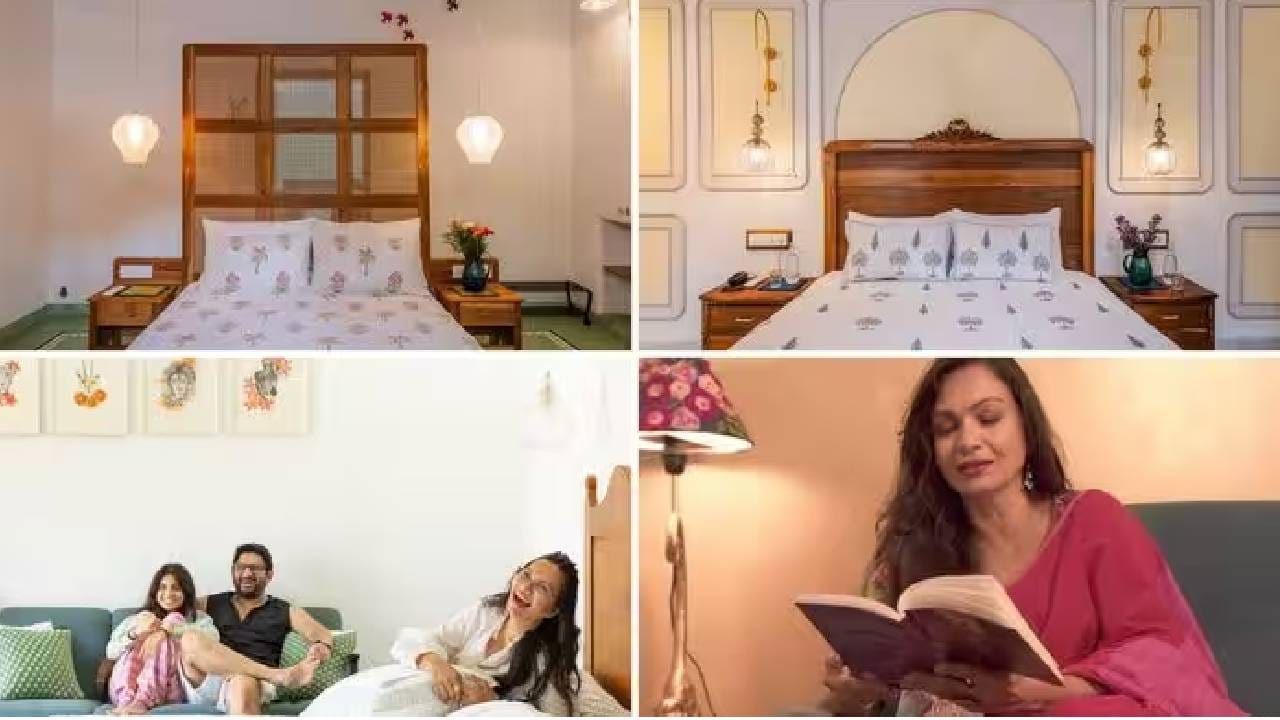 व्हिलामधील बेडरुम हे नैसर्गिक प्रकाश आणि शांत रंग यांचा मिलाफ साधत डेकोरेट केलेलं आहे. सागवानी पलंग, जाळीदार हेडबोर्ड आणि आकर्षक हँगिंग दिवे यामुळे बेडरुममध्ये सुंदर आणि तितकंच आरामदायी वातावरण निर्माण झाल्याचं पहायला मिळतंय.