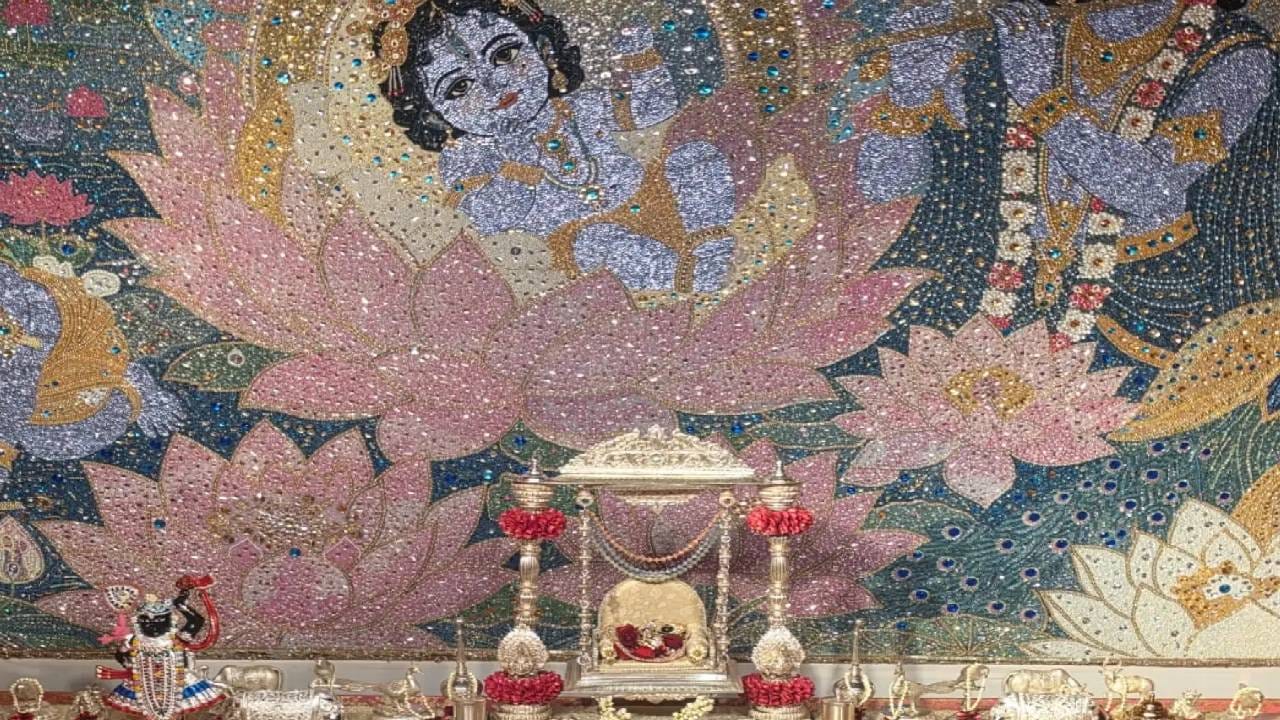 झोक्याच्या मागील बाजूस कमळाच्या फुलांवर विराजमान असलेल्या बालकृष्णाचं आकर्षक मोजॅक चित्र साकारण्यात आलं होतं. विविध रंगांच्या छोट्या तुकड्यांपासून तयार करण्यात आलेली ही कलाकृती पूजा स्थळाच्या सौंदर्यात आणखी भर घालत होती. अँटिलियामध्ये भगवान श्रीकृष्णांच्या बाललीलांवर आधारित सुंदर झांकीही उभारण्यात आली होती. गुलाबी आणि पांढऱ्या ताज्या फुलांनी सजवलेल्या या झांकीला अत्यंत मोहक स्वरूप देण्यात आले होते.