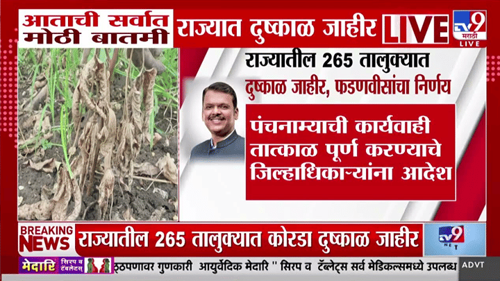 मोठी बातमी! महाराष्ट्रातील 75 टक्के भागात दुष्काळ जाहीर; म्हणजेच 265 तालुक्यांमध्ये... मोठी बातमी! महाराष्ट्रातील 75 टक्के भागात दुष्काळ जाहीर; म्हणजेच 265 तालुक्यांमध्ये...