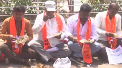 सोलापूरात करपलेली सोयाबीन घेऊन संभाजी ब्रिगेडचं अनोखं आंदोलन.