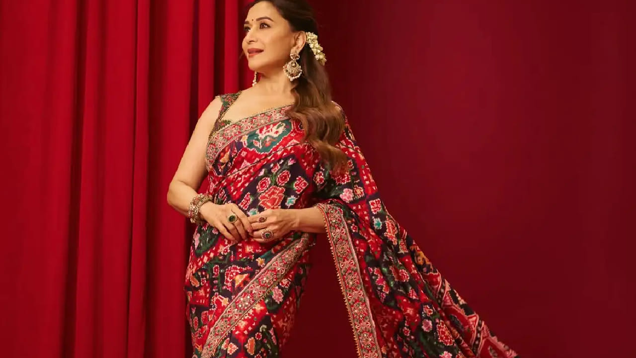 या साडीला साजेसा मॅचिंग एम्ब्रॉयडरी केलेला डिझायनर ब्लाऊज तिने परिधान केला आहे. आपल्या पारंपरिक लूकला उठाव देण्यासाठी माधुरीने कुंदन आणि मोत्यांचे सुंदर झुमके, तसेच चांदबाली स्टाइलचे दागिने घातले आहेत. 