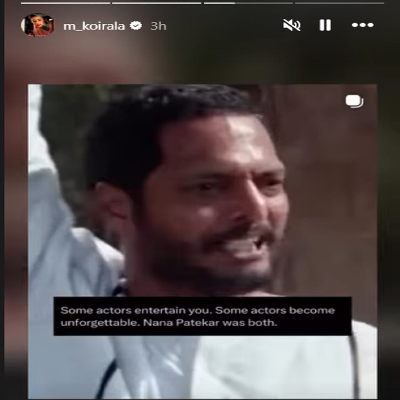 तिसऱ्या पोस्टमध्ये एका सिनेमातील सीन पोस्ट करत अभिनेत्री म्हणतेय. 'काही अभिनेते तुमचं मनोरंजन करतात, तर काही अभिनेत्यांना तुम्ही विसरुच शकत नाही... नाना पाटेकर दोन्ही होते...', असं अभिनेत्री म्हणाली आहे.