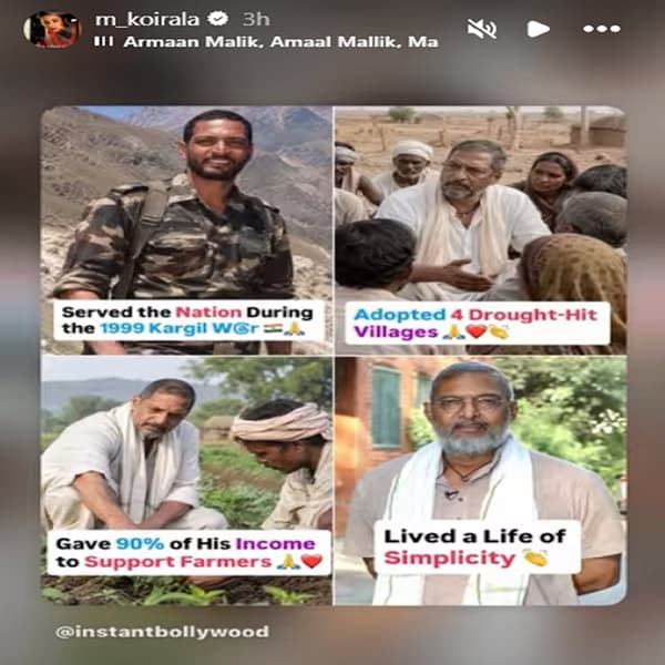 अभिनेत्री मनिषा कोईराला हिने पहिल्या पोस्टमध्ये नाना पाटेकरांचे वेगवेगळ्या भूमिकेतील फोटो पोस्ट केले आहे. ज्यामध्ये अभिनेत्रीने त्यांच्या समाजकार्यचं आणि त्यांचं कौतुक केलं आहे.