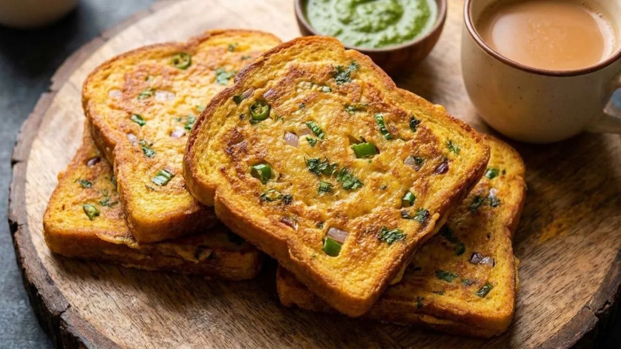 बेसन टोस्ट :बेसनात मीठ, हळद, तिखट, ओवा, बारीक चिरलेला कांदा आणि कोथिंबीर घालून घट्ट मिश्रण तयार करा.त्यात ब्रेड बुडवून तव्यावर भाजा. नाश्ता झाला तयार